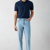 Pale Blue Relaxed Fit Comfortable Cut 5-Pocket Cotton Denim Pants
