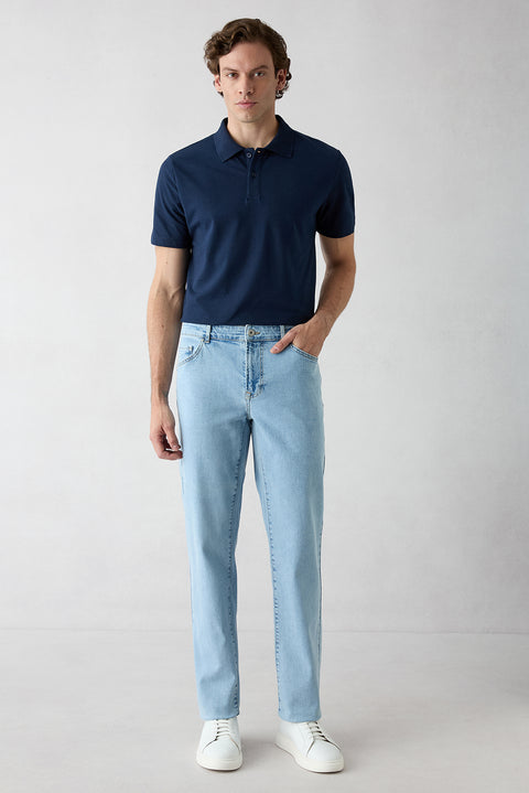 Pale Blue Relaxed Fit Comfortable Cut 5-Pocket Cotton Denim Pants