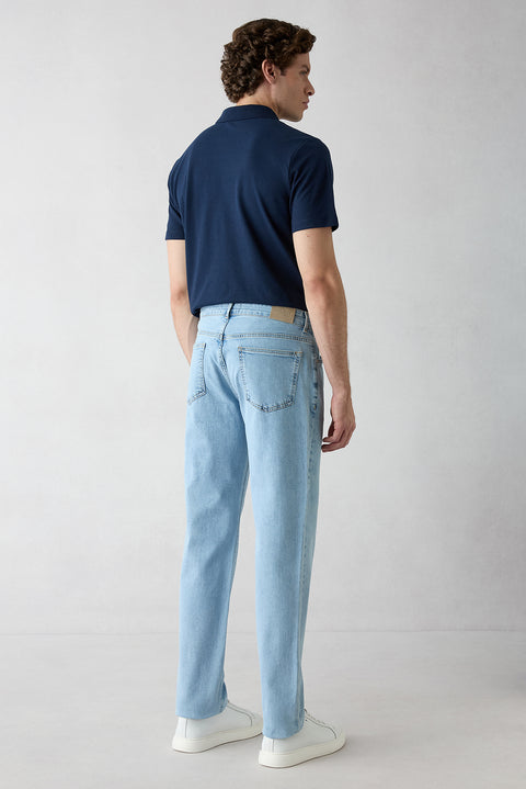 Pale Blue Relaxed Fit Comfortable Cut 5-Pocket Cotton Denim Pants