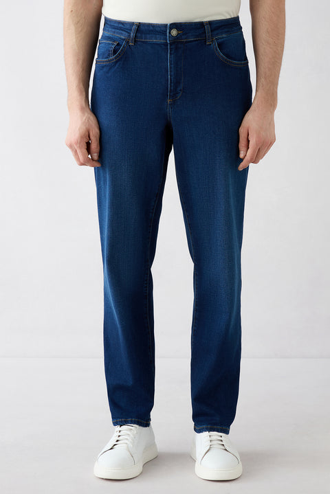 Dark Navy Regular Fit Plain Cotton 5-Pocket Denim Trousers