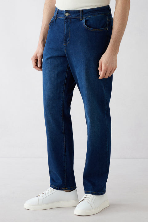 Dark Navy Regular Fit Plain Cotton 5-Pocket Denim Trousers