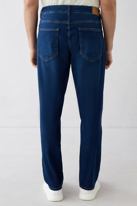 Dark Navy Regular Fit Plain Cotton 5-Pocket Denim Trousers