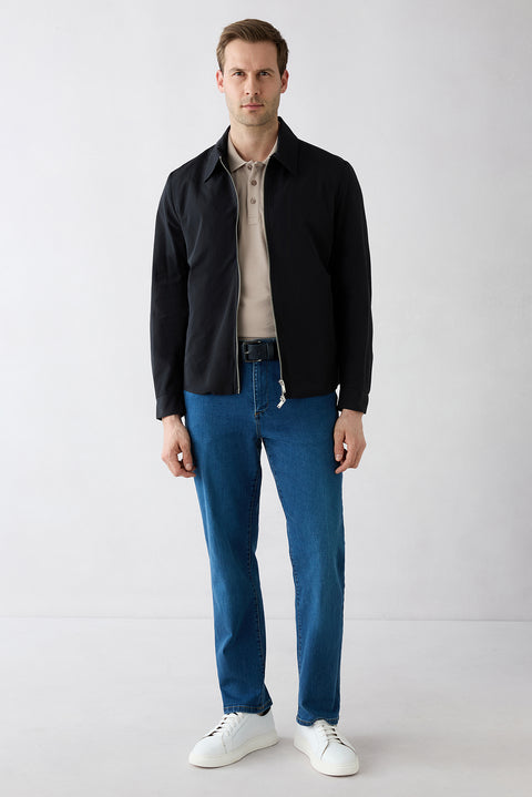 Dark Blue Regular Fit Plain Cotton Denim Trousers