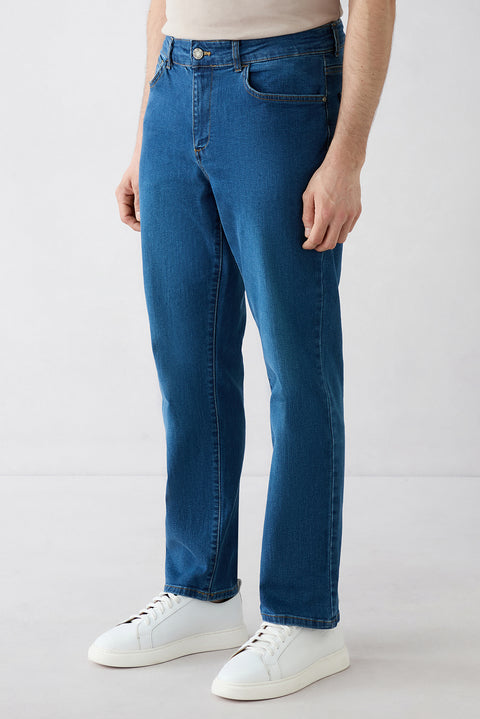 Dark Blue Regular Fit Plain Cotton Denim Trousers