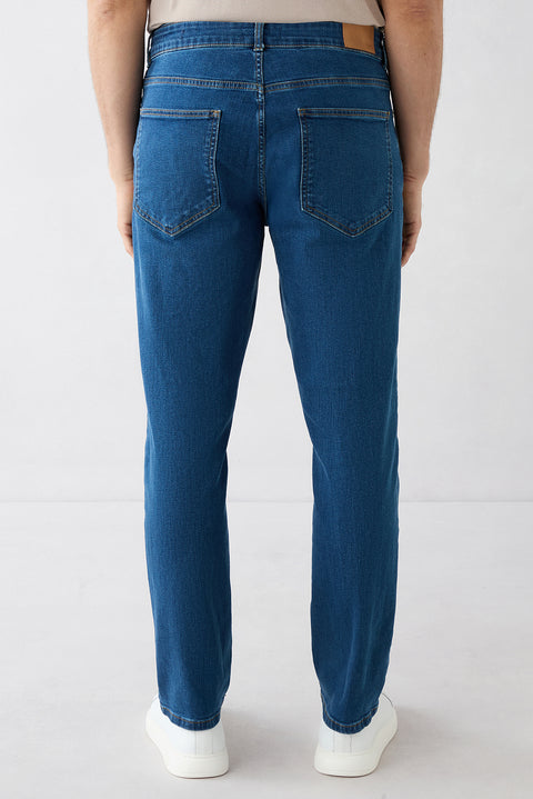 Dark Blue Regular Fit Plain Cotton Denim Trousers