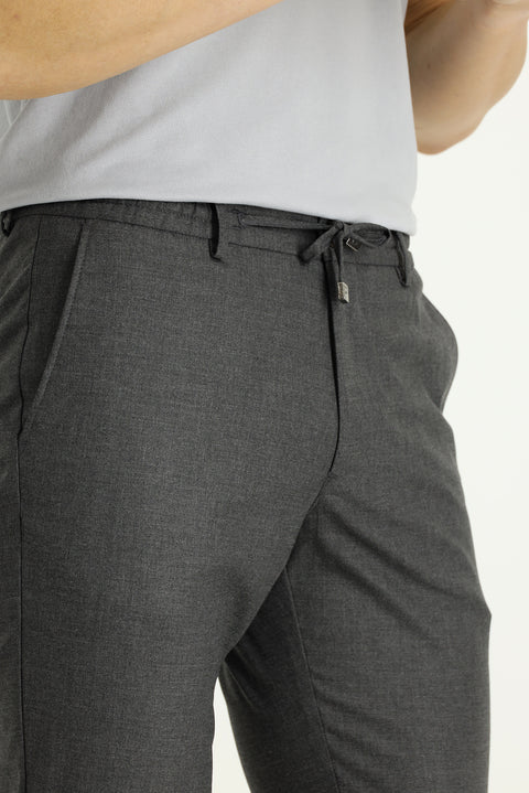 Dark Charcoal Regular Fit Standard Cut Elasticated Waist Drawstring Classic Trousers
