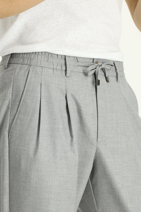 Açık Gri Regular Fit Standart Kesim Beli Lastikli İpli Pileli Pantolon