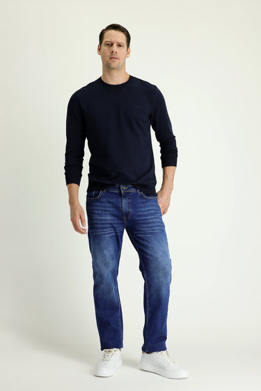  Orta Lacivert Slim Fit Dar Kesim Fit Likralı Denim Pantolon