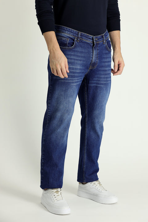 Mid-Dark Blue Regular Fit Standard Cut Lycra Denim Pants
