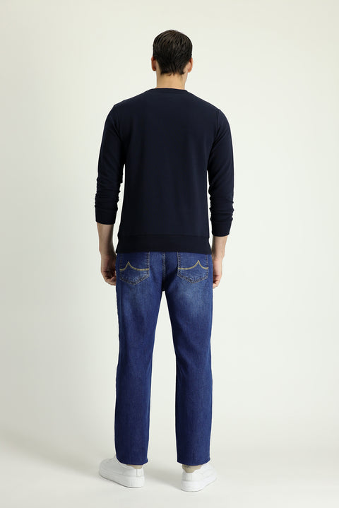 Orta Lacivert 7 Drop Slim Fit Dar Kesim Likralı Denim Pantolon