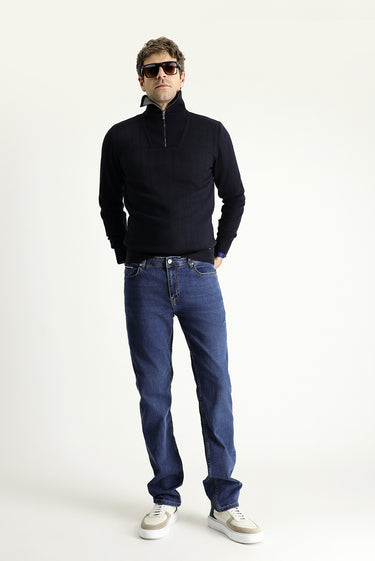 Koyu Mavi  Regular Fit Likralı Denim Pantolon