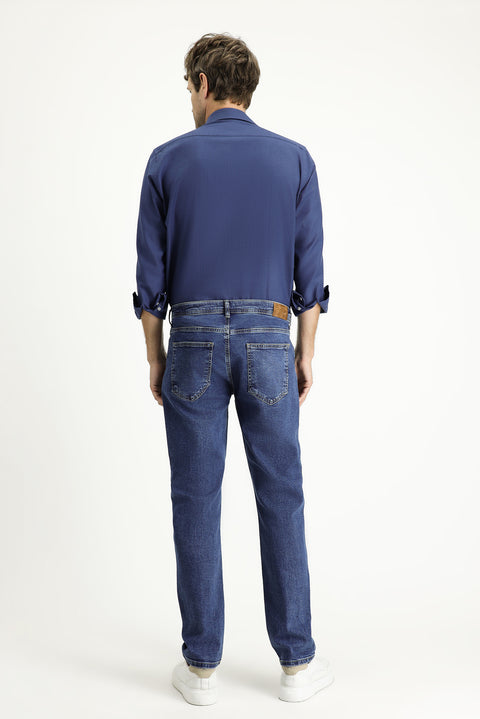 Orta Lacivert 6 Drop Regular Fit Standart Kesim Likralı Denim Pantolon