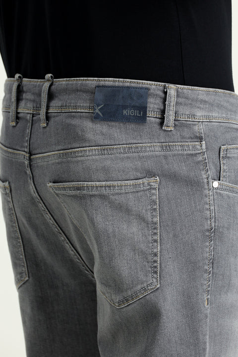 Orta Gri Regular Fit Standart Kesim Likralı Denim Pantolon
