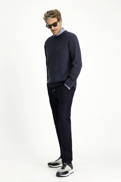 Koyu Lacivert 6 Drop Regular Fit Standart Kesim Beli Lastikli İpli Likralı Denim Pantolon