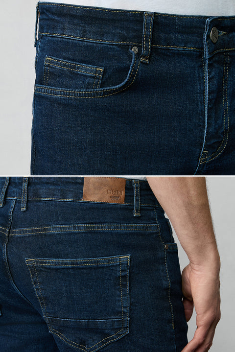 Koyu İndigo Regular Fit Standart Kesim Pamuklu Likralı Esnek 4 Mevsim Denim Pantolon