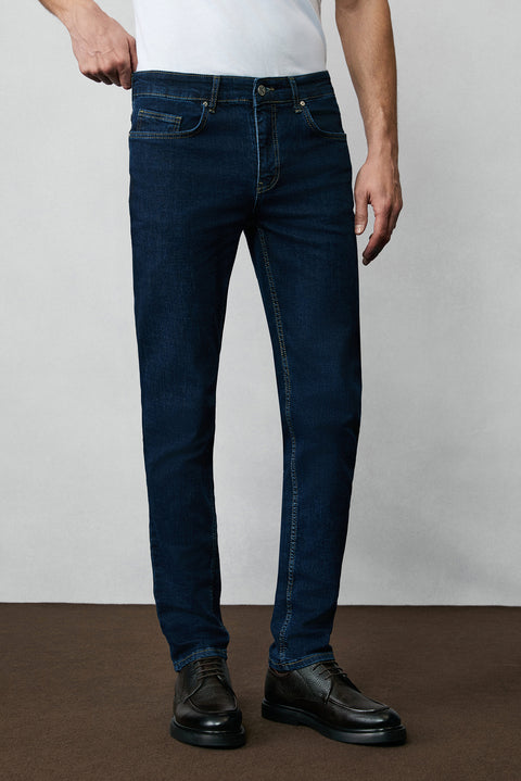 Dark Indigo Slim Fit Narrow Cut Cotton Lycra Flexible 4 Season Denim Jeans