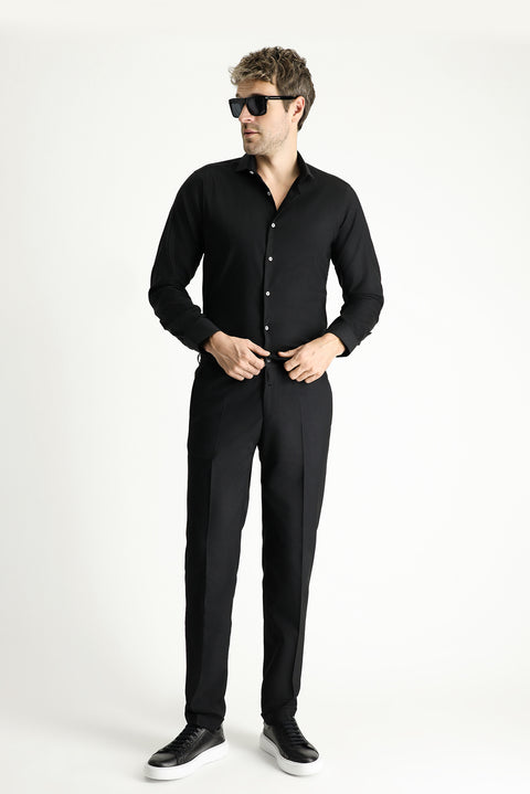 Siyah 7 Drop Super Slim Fit Eksra Dar Kesim Likralı Beli Lastikli İpli Klasik Kumaş Pantolon