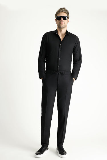 Siyah Super Slim Fit Ekstra Dar Kesim Likralı Beli Lastikli İpli Klasik Kumaş Pantolon