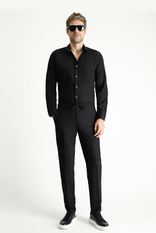  Siyah 7 Drop Super Slim Fit Eksra Dar Kesim Likralı Beli Lastikli İpli Klasik Kumaş Pantolon