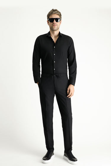 Siyah Super Slim Fit Ekstra Dar Kesim Likralı Beli Lastikli İpli Klasik Kumaş Pantolon