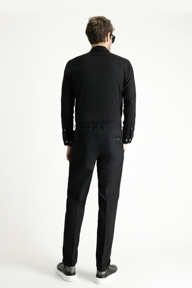 Siyah Super Slim Fit Ekstra Dar Kesim Likralı Beli Lastikli İpli Klasik Kumaş Pantolon