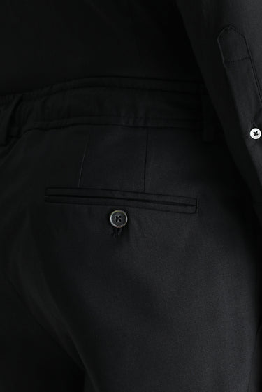 Siyah Super Slim Fit Ekstra Dar Kesim Likralı Beli Lastikli İpli Klasik Kumaş Pantolon