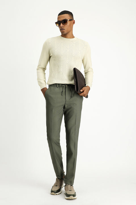 Küf Yeşili 7 Drop Super Slim Fit Eksra Dar Kesim Likralı Beli Lastikli İpli Klasik Kumaş Pantolon