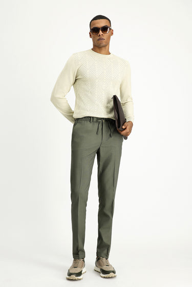 Küf Yeşili Super Slim Fit Ekstra Dar Kesim Likralı Beli Lastikli İpli Klasik Kumaş Pantolon