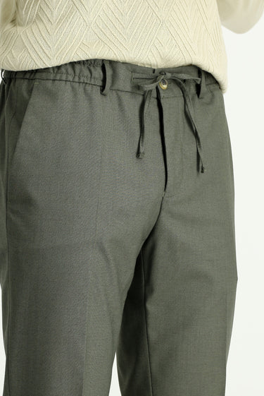 Küf Yeşili Super Slim Fit Ekstra Dar Kesim Likralı Beli Lastikli İpli Klasik Kumaş Pantolon