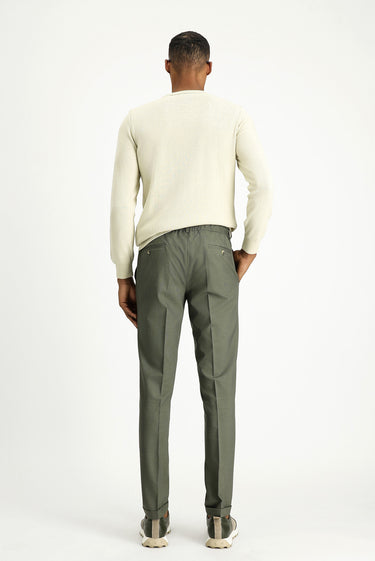 Küf Yeşili Super Slim Fit Ekstra Dar Kesim Likralı Beli Lastikli İpli Klasik Kumaş Pantolon