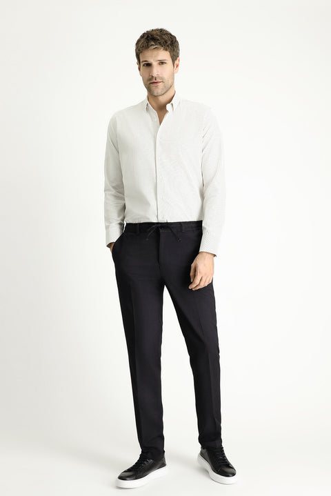 Siyah 7 Drop Super Slim Fit Eksra Dar Kesim Beli Lastikli İpli Likralı Desenli Klasik Kumaş Pantolon