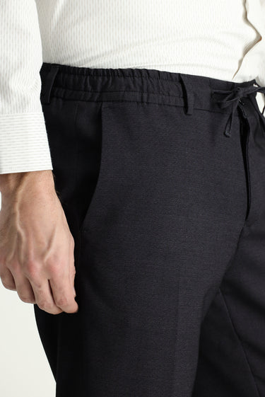 Siyah Super Slim Fit Ekstra Dar Kesim Beli Lastikli İpli Likralı Desenli Klasik Kumaş Pantolon