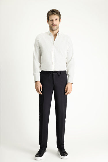 Siyah Super Slim Fit Ekstra Dar Kesim Beli Lastikli İpli Likralı Desenli Klasik Kumaş Pantolon