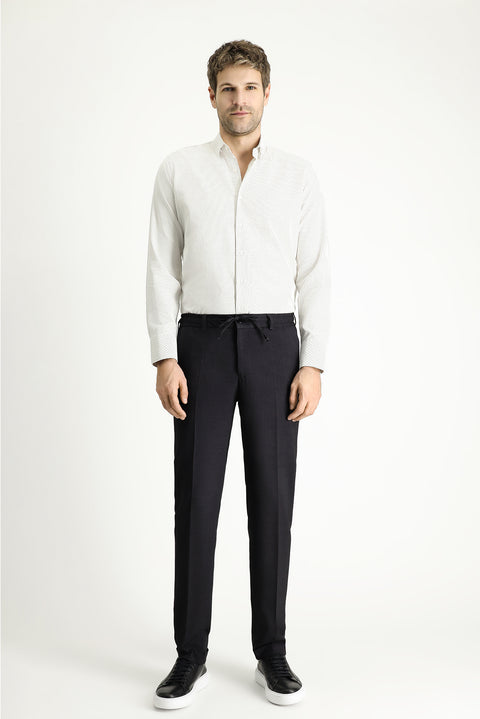 Siyah 7 Drop Super Slim Fit Eksra Dar Kesim Beli Lastikli İpli Likralı Desenli Klasik Kumaş Pantolon