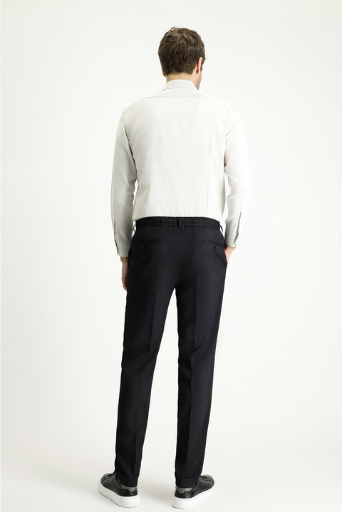 Siyah 7 Drop Super Slim Fit Eksra Dar Kesim Beli Lastikli İpli Likralı Desenli Klasik Kumaş Pantolon