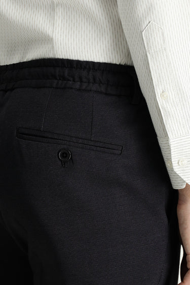 Siyah Super Slim Fit Ekstra Dar Kesim Beli Lastikli İpli Likralı Desenli Klasik Kumaş Pantolon