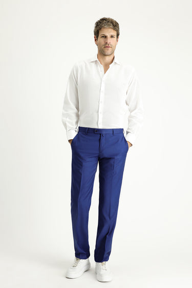 Saks Mavi Slim Fit Dar Kesim Desenli Likralı Klasik Kumaş Pantolon