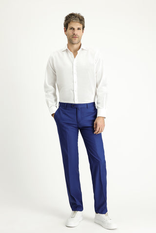  Saks Mavi Slim Fit Dar Kesim Desenli Likralı Klasik Kumaş Pantolon