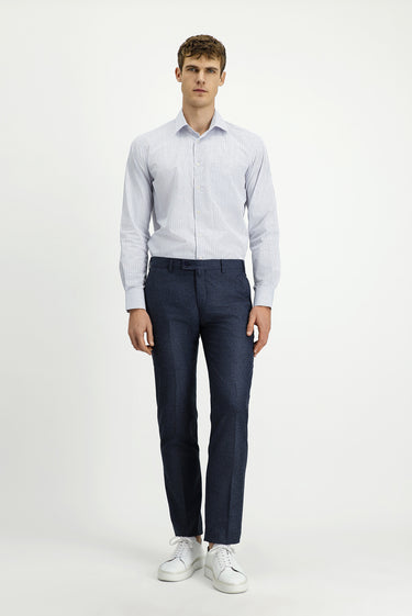  Orta Lacivert Slim Fit Dar Kesim Desenli Likralı Klasik Kumaş Pantolon