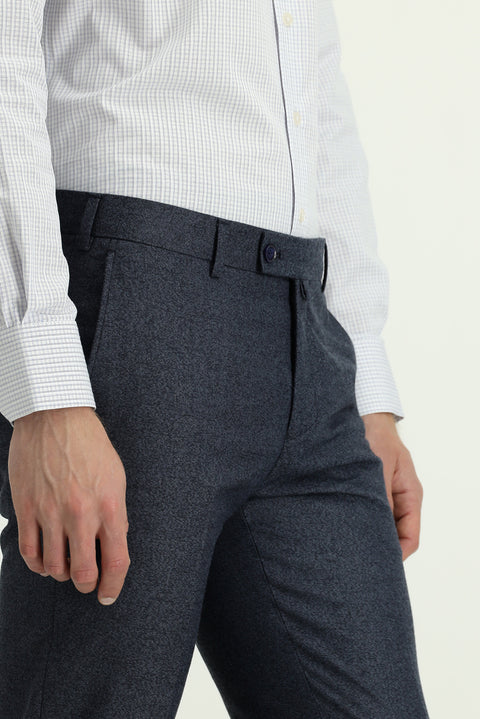 Orta Lacivert 7 Drop Slim Fit Dar Kesim Desenli Likralı Klasik Kumaş Pantolon