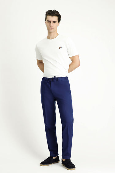  Saks Mavi Slim Fit Dar Kesim Likralı Beli Lastikli İpli Klasik Kumaş Pantolon