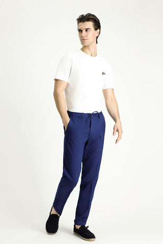  Saks Mavi Slim Fit Dar Kesim Likralı Beli Lastikli İpli Klasik Kumaş Pantolon