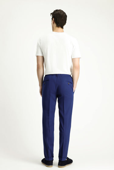  Saks Mavi Slim Fit Dar Kesim Likralı Beli Lastikli İpli Klasik Kumaş Pantolon