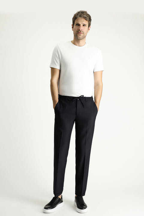Siyah 7 Drop Slim Fit Dar Kesim Likralı Beli Lastikli İpli Klasik Kumaş Pantolon