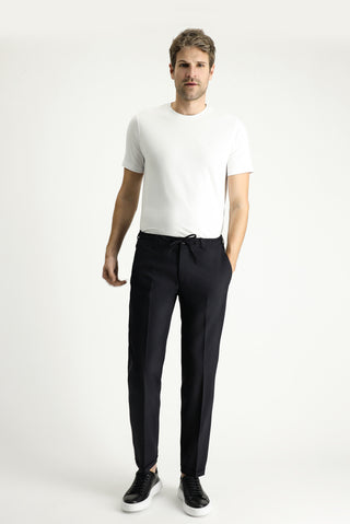  Siyah 7 Drop Slim Fit Dar Kesim Likralı Beli Lastikli İpli Klasik Kumaş Pantolon