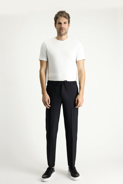 Siyah 7 Drop Slim Fit Dar Kesim Likralı Beli Lastikli İpli Klasik Kumaş Pantolon