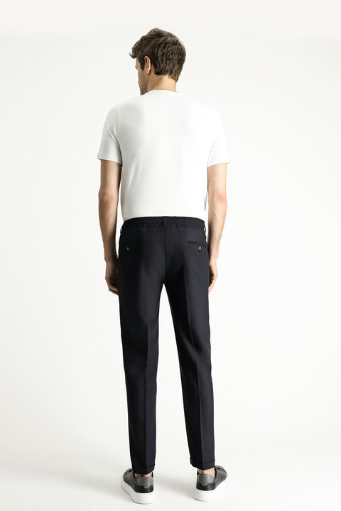 Siyah 7 Drop Slim Fit Dar Kesim Likralı Beli Lastikli İpli Klasik Kumaş Pantolon