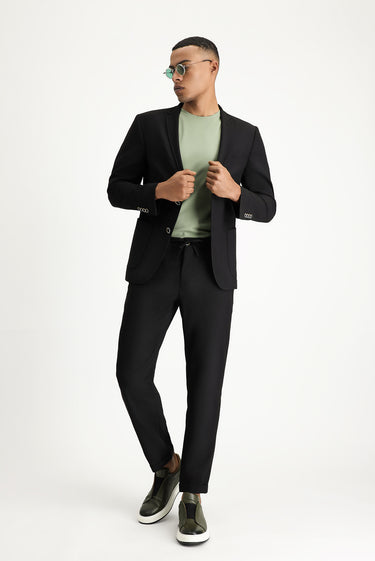 Siyah Super Slim Fit Ekstra Dar Kesim Beli Lastikli İpli Gofre Likralı Klasik Kumaş Pantolon