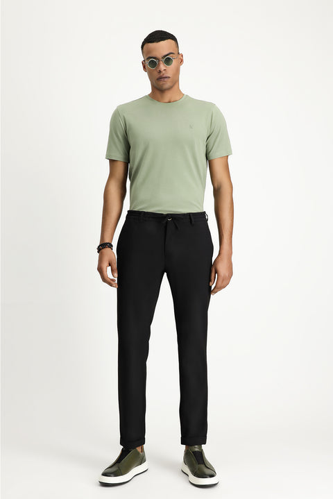 Siyah 7 Drop Super Slim Fit Eksra Dar Kesim Beli Lastikli İpli Gofre Likralı Klasik Kumaş Pantolon