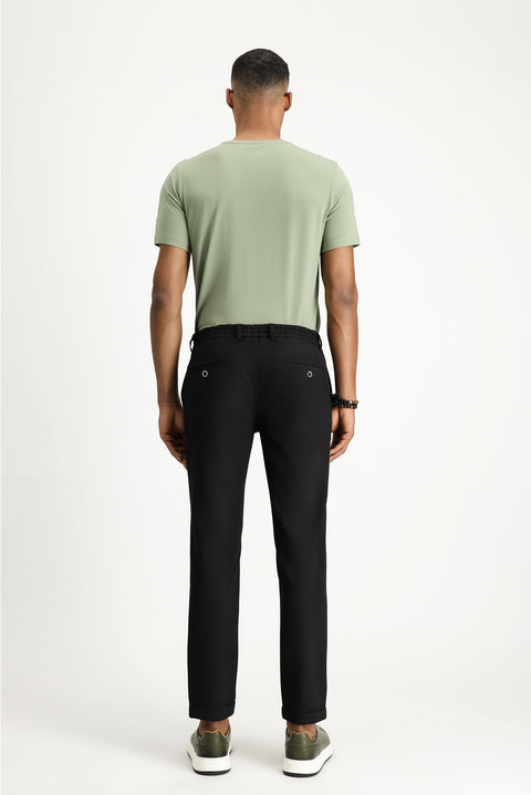Siyah 7 Drop Super Slim Fit Eksra Dar Kesim Beli Lastikli İpli Gofre Likralı Klasik Kumaş Pantolon